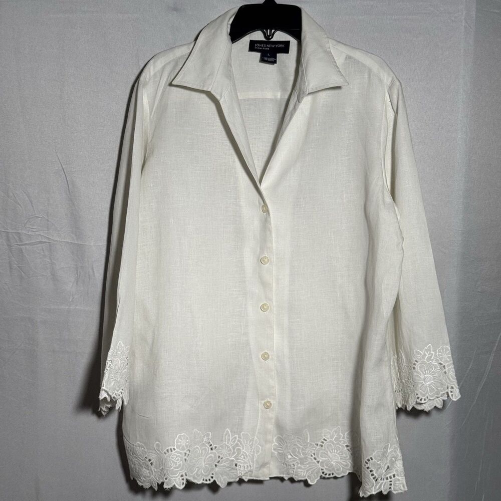 Jones New York Signature White 100% Linen Embroidered Button Shirt Large Floral